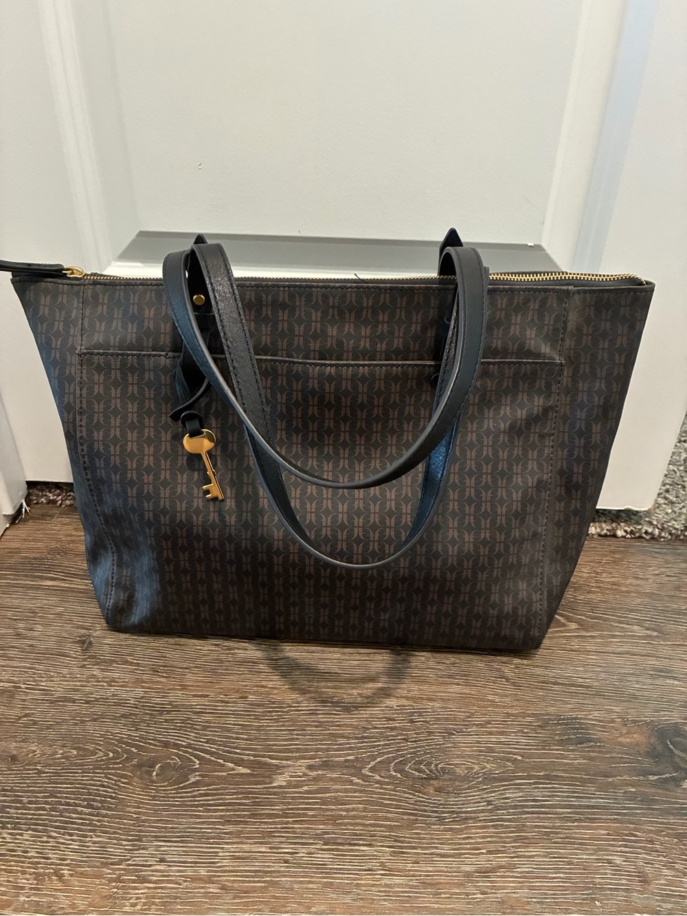 Fossil Dark Brown Monogram Tote with Gold Key Charm